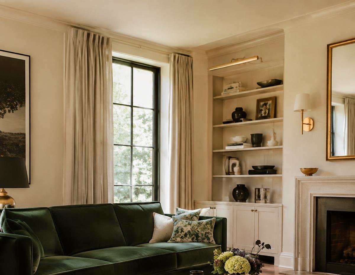 Refined interior with green velvet sofa and brass details